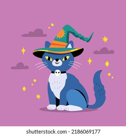 Cute Halloween cat with skull decoration wearing witch hat. Expressive animal character. Flat hand drawn cartoon vector illustration