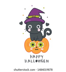 Cute Halloween cat vector with pumpkin cartoon (jack o lantern), Happy kitty Trick or treat for holiday festival: Doodle Nursery decoration, hand drawn Kawaii animal- Perfect for kid greeting card.