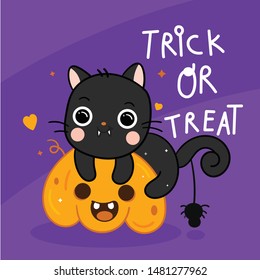 Cute Halloween cat vector and spider with pumpkin cartoon, Pretty kitty Trick or treat for holiday: Doodle Nursery decor, hand drawn Kawaii animal- Perfect for kid greeting card, Print for t-shirt.