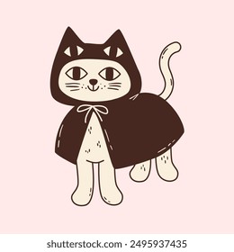 Cute halloween cat wearing cape with eyes. Autumn season spooky character in psychedelic outfit. Adorable gothic kitten. Hand drawn vector illustration