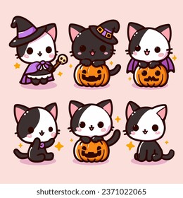 cute halloween cat witch cartoon collection