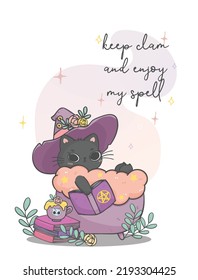 cute Halloween cat witch in cauldron hand-drawn cartoon illustration. Perfect for spooky holiday designs, this vector art captures the essence of Halloween with a touch of playfulness