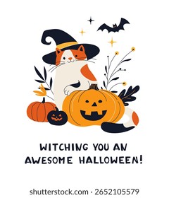 Gato de Halloween bonito com chapéu de bruxa e abóboras acolhedor outono Cartão. Bruxando um Cartão de Halloween Engraçado. Gatinha com abóbora e folhas. Ilustração de vetor de outono plana