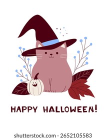 Gato de Halloween bonito com chapéu de bruxa e abóboras acolhedor outono Cartão. Desejando-lhe um Cartão Engraçado Feliz Feliz Halloween. Gatinha com abóbora e folhas. Ilustração de vetor de outono plana