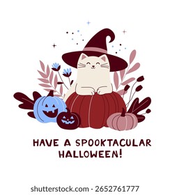 Gato de Halloween bonito com chapéu de bruxa e abóboras acolhedor outono Cartão. Tenha um cartão engraçado de Halloween Spooktacular. Gatinha com abóbora e folhas. Ilustração de vetor de outono plana