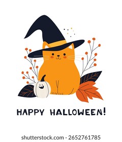 Gato de Halloween bonito com chapéu de bruxa e abóboras acolhedor outono Cartão. Desejando-lhe um Cartão Engraçado Feliz Feliz Halloween. Gatinha com abóbora e folhas. Ilustração de vetor de outono plana