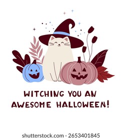 Cute Halloween Cat with Witch Hat and Pumpkins Cozy Fall Greeting Card. Witching You an Awesome Halloween Funny Halloween Card. Kitty with Pumpkin and Leaves. Flat Autumn Vector Illustration