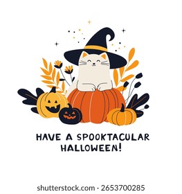 Cute Halloween Cat with Witch Hat and Pumpkins Cozy Fall Greeting Card. Have a Spooktacular Halloween Funny Card. Kitty with Pumpkin and Leaves. Flat Autumn Vector Illustration
