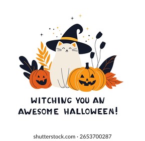 Cute Halloween Cat with Witch Hat and Pumpkins Cozy Fall Greeting Card. Witching You an Awesome Halloween Funny Halloween Card. Kitty with Pumpkin and Leaves. Flat Autumn Vector Illustration