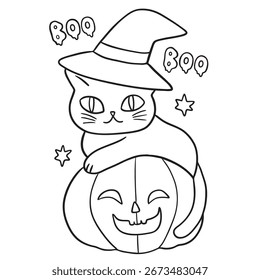 Cute Halloween Cat with Witch Hat Illustration.
