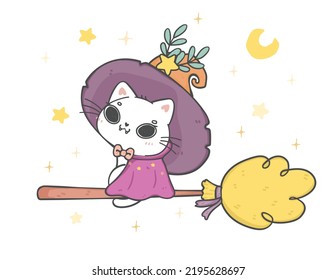 cute Halloween cat witch in this whimsical hand-drawn cartoon illustration. Perfect for spooky holiday designs, this vector art captures the essence of Halloween with a touch of playfulness