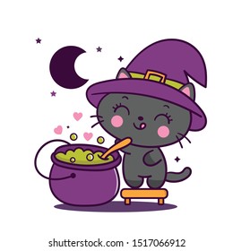 Cute halloween cat witch vector and magic pot, Kawaii cartoon trick or treat October festival holiday dark night, Fancy dress, Doodle Nursery decoration, hand drawn character. Perfect for child.