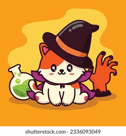 Cute Halloween cat witch vector design. Cartoon style vector illustration. Halloween mascot, icon, doodle, etc.