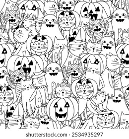 Cute Halloween cats black and white seamless pattern for kids. Funny feline characters with pumpkin, ghost, witch coloring page. Outline background. Vector illustration