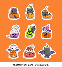 Cute halloween cats in cartoon style. Sticker pack. Vector illustration.