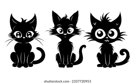 Cute Halloween cats clipart black silhouette. Witchy vector illustration. Black outline pet art.