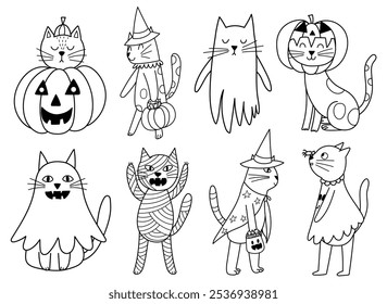 Linda coleção de gatos de Halloween em preto e branco. Personagens felinos assustadores em trajes diferentes. Impressão em preto e branco para crianças. Ótimo para colorir página. Ilustração vetorial