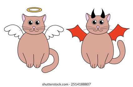 Cute Halloween Cats in costumes. Angel and demon. Holidays kawaii characters. Vector Flat Illustration.