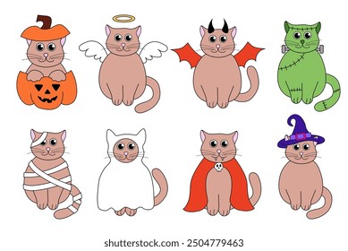 Cute Halloween Cats in costumes. Holidays cartoon characters. Vector Flat Illustration.