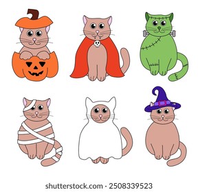 Cute Halloween Cats in costumes. Holidays cartoon characters. Vector Flat Illustration.