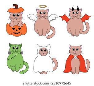 Cute Halloween Cats in costumes. Holidays cartoon kawaii characters. Vector Flat Illustration.