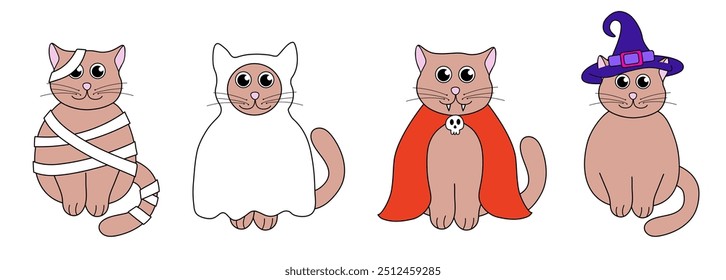 Cute Halloween Cats in costumes. Holidays cartoon characters. Vector Flat Illustration.