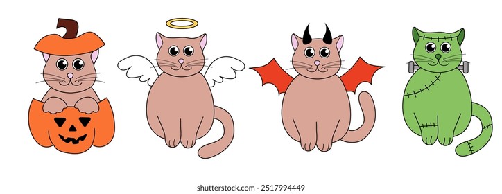 Cute Halloween Cats in costumes. Holidays characters. Vector Flat Illustration.