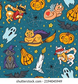 Cute Halloween cats in costumes seamless pattern hand drawn in retro pop art style, repeatable texture design, vector illustration eps10