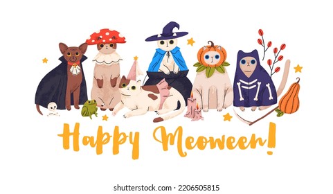 Cute Halloween cats disguised in funny costumes for holiday party. Happy Meoween, pets Helloween card with adorable amusing spooky kitties. Flat vector illustration isolated on white background