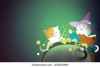 Cute Halloween cats disguised as wizards or witches making a potion in a big cauldron. Wizards doing an invocation or putting a spell with a magical wand. Halloween sorcerers background vector.