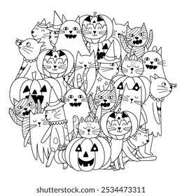 Fofos de Halloween mandala para crianças. Caracteres felinos engraçados com abóbora, fantasma, forma de círculo bruxa coloração página. Contornar plano de fundo. Ilustração vetorial