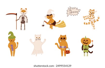 Cute Halloween Cats Set. Cute cats with pumpkins, costumes and potions, characters and magic items for Halloween party. Perfect for scrapbooking, greeting cards, party invitations, posters, tags