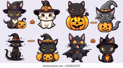 Gatos de Halloween con traje de bruja para diseñadores gráficos Set-Bundle Kawaii Kittens