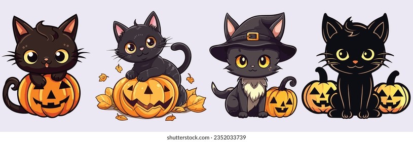 Cute Halloween Cats Wearing Witch Costume for Graphic Designer Set-Bundle Kawaii Kittens