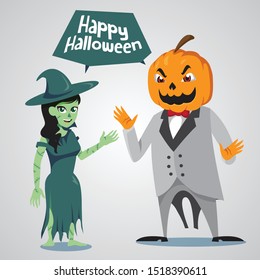 Cute halloween character design consist of jack o lantern in a suit an a zombie witch