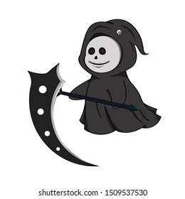Cute Halloween Character. Grim Reaper with Scythe Cartoon Illustration Design.
