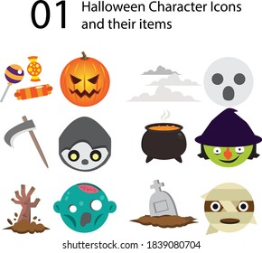cute halloween character icons and their items, flat design 01