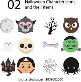 cute halloween character icons and their items, flat design 02