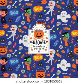 Cute Halloween Character and Object  Seamless Pattern