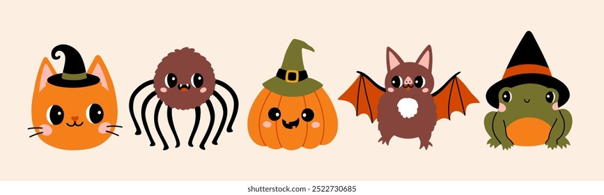 Design bonito conjunto de caracteres Halloween. O gato personagem de Halloween em chapéu de bruxa, aranha, abóbora, morcego e sapo.