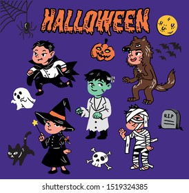 Cute halloween character set for kids cartoon book illustration

Which contains Vampire Werewolf Frankenstien Witch Mummy and other halloween decorations such as tomb spider ghost pumpkin and black cat