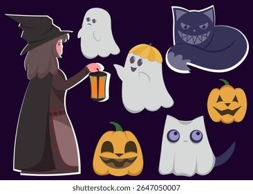 Cute Halloween character set: a little witch with a lantern, friendly ghosts, carved pumpkins, and a spooky ghost cat. Perfect for kids’ party designs, stickers. Vector illustration EPS10