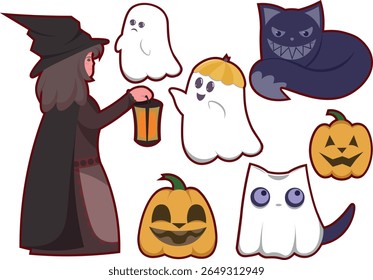 Cute Halloween character set: a little witch with a lantern, friendly ghosts, carved pumpkins, and a spooky ghost cat. Perfect for kids' party designs, stickers. Vector illustration EPS10