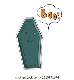 Cute Halloween character sticker. Vector illustration of coffin and speech bubble Boo! 