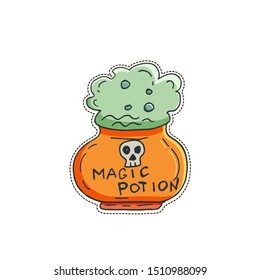 Cute Halloween character sticker. Vector illustration of magic potion.
