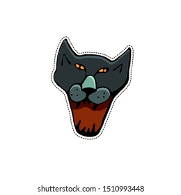 Cute Halloween character sticker. Vector illustration of evil black cat. 