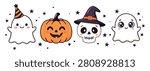 Cute Halloween Character Vector Set with Ghosts, Smiling Pumpkin, Skull in Witch Hat and Kawaii Spooky Icons