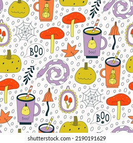 Cute Halloween characters and attributes. Hand drawn vector seamless pattern. Cartoon background.