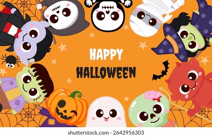 Cute Halloween characters background greeting card