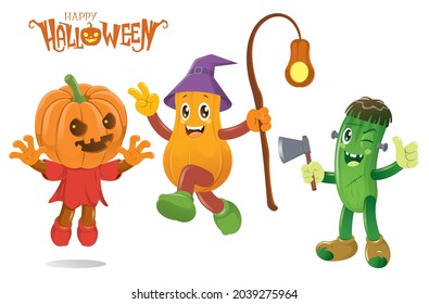 Cute Halloween characters with bright color. Witch in a squash shape. Frankenstein in a cucumber shape and Jack o Lantern. Isolated on white. 